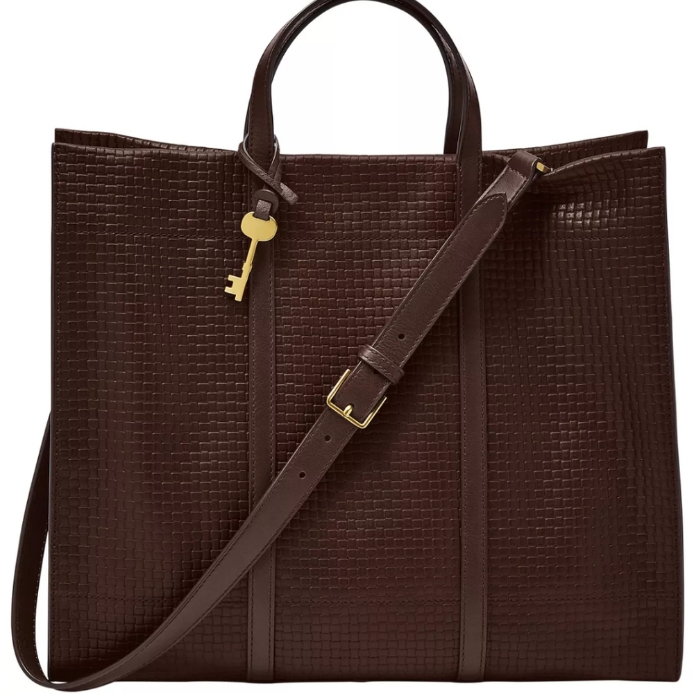 Fossil Dark Brown Textured Leather Tote with Gold Key Charm